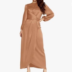 Women's Elegant Empire Waist Long Sleeve Satin Maxi Dress
